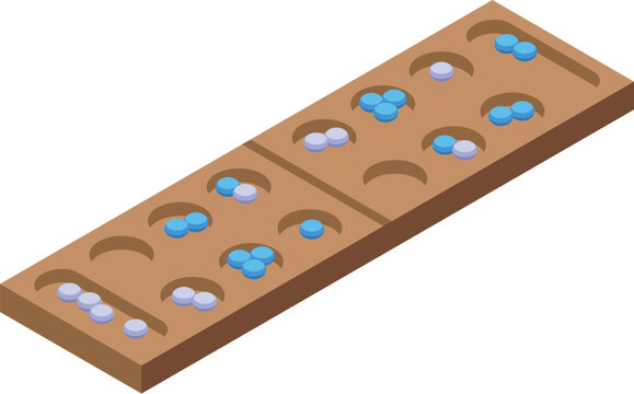 Mancala board game with blue and purple stones representing a traditional african strategy game