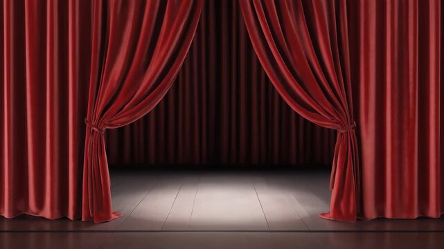 Dramatic Red Curtain on Empty Stage, Ready for Performance, Theater Background, Spotlight, Show, Entertainment, Stage Presence.
