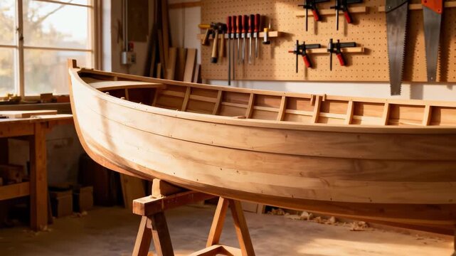 Wooden boat hull under construction in a bright woodworking workshop with hand tools on a pegboard and wood shavings on the floor