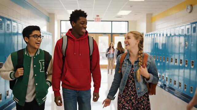 Diverse high school students walking and talking in a hallway. Teenagers with backpacks at school