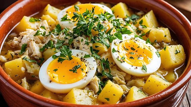 A close-up view of codfish stew with potatoes, soft-boiled eggs, and fresh parsley for a rustic home-cooked meal