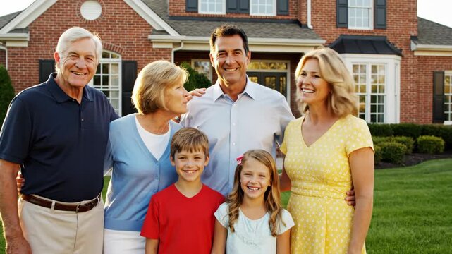 Multi-generational family standing in front of a suburban brick house. Happy family waving and smiling on a sunny day. Real estate and home ownership concept
