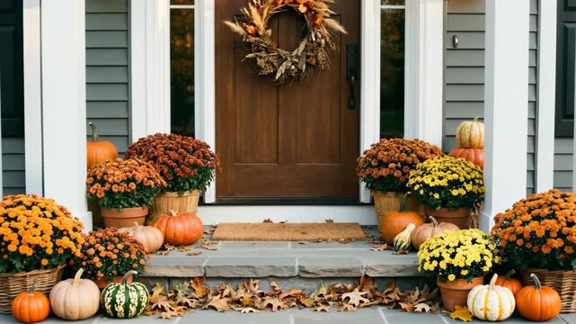 Cozy autumn front porch decorated with orange and yellow chrysanthemums, various pumpkins, dried leaf wreath, and fallen leaves on stone steps