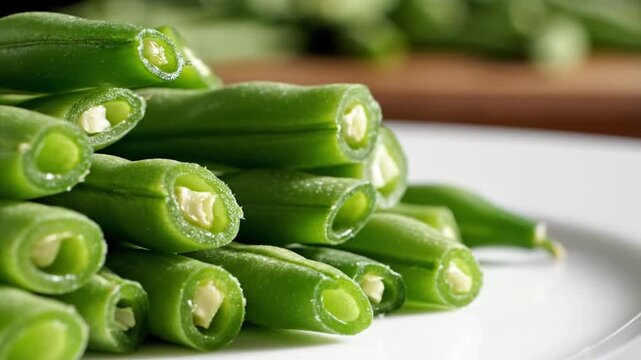 Freshly cut green beans piled on a white plate