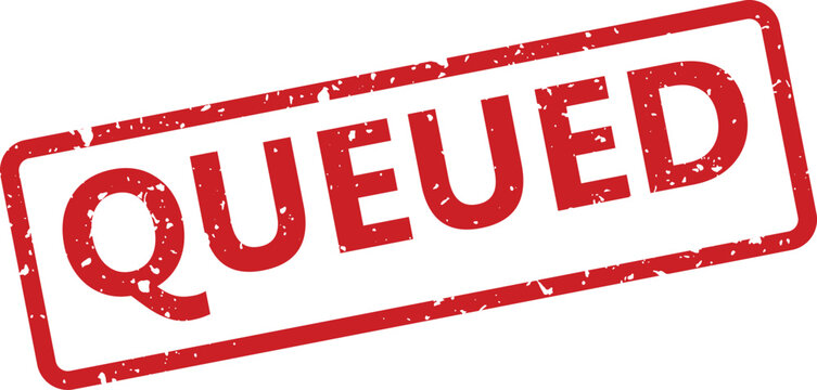 Distinctive red QUEUED rubber stamp showing a textured effect on a pure white backdrop