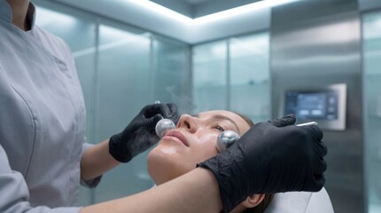 Woman receiving facial cryotherapy treatment, with esthetician applying cold globes. Modern beauty salon procedure for skin rejuvenation.