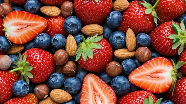A close-up overhead view shows a variety of strawberries, blueberries, and nuts, including almonds and hazelnuts. The fruits and nuts are arranged to create a visually appealing, healthy food pattern.