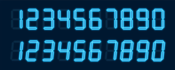 Digital glowing numbers. Blue LCD figures for a electronic devices, clocks, calculators, and scoreboard interfaces. Vector illustration. © Igor