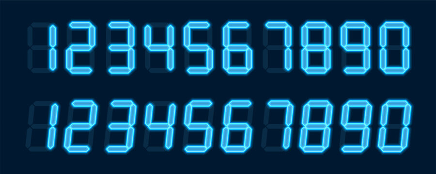 Digital glowing numbers. Blue LCD figures for a electronic devices, clocks, calculators, and scoreboard interfaces. Vector illustration.