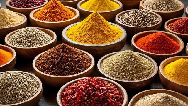 Close up of various colorful spices in wooden bowl. Aromatic selection for cooking and ingredient use. Culinary seasoning collection.