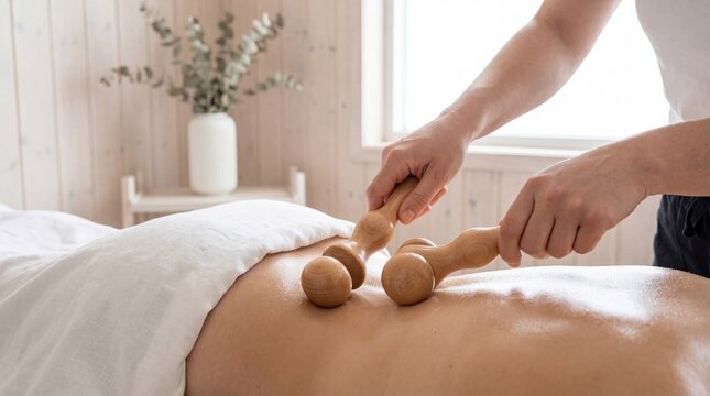 Masseur using wooden massage tool on woman back. Maderotherapy as a natural technique. Relaxation and health care for body.