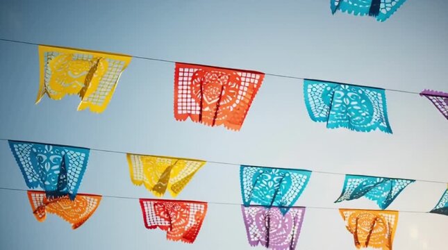 Traditional Mexican Papel Picado Colorful Paper Banners Hanging Against Blue Sky