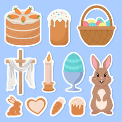 Easter stickers elements cute rabbit twigs box with eggs carrot cake gingerbread cookies cross