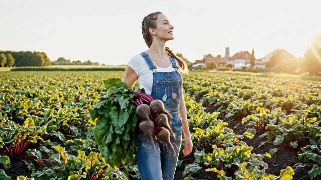 Smiling farmer woman holding fresh beetroot harvest in a field at sunset