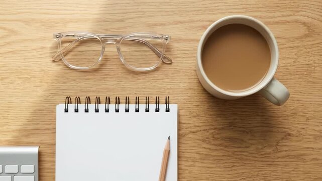 Overhead view of a wooden workspace featuring a blank spiral notepad, pencil, clear glasses, coffee cup, and computer keyboard in natural light