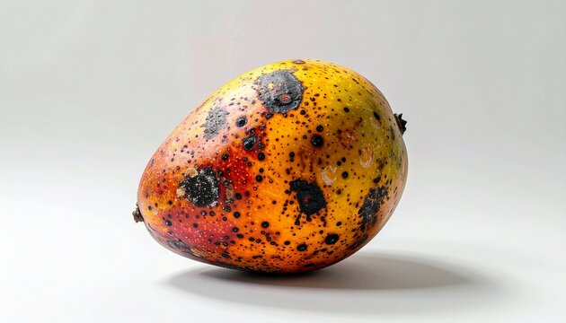 Rotten Mango with Black Spots on White Background