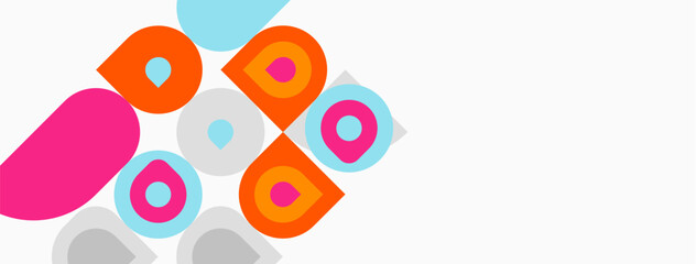 Fototapeta premium Colorful overlapping circles, squares create abstract pattern. Bright hues dominate white background. Modern design element.