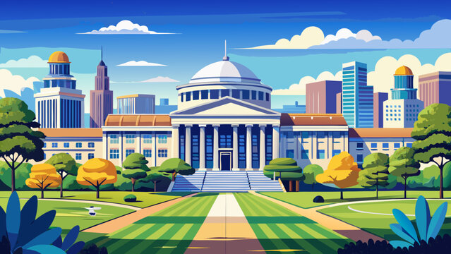 Very beautiful campus view of Massachusetts Institute of Technology (MIT) in Cambridge, Massachusetts, USA, showcasing the harmony between modern innovation and classical academic architecture.