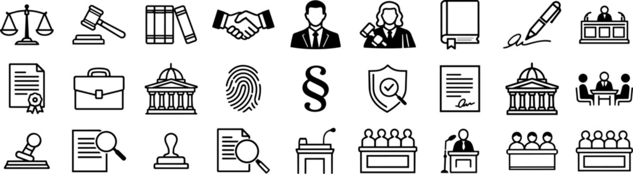 Legal & Law Practice Icons Set &ndash; Black and White Minimalist Line Art Symbols