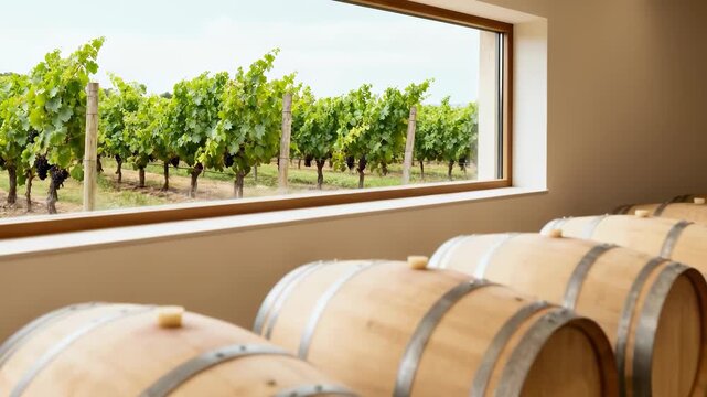 Row of wooden wine barrels in a modern cellar with a large window overlooking a lush green vineyard under a bright sky