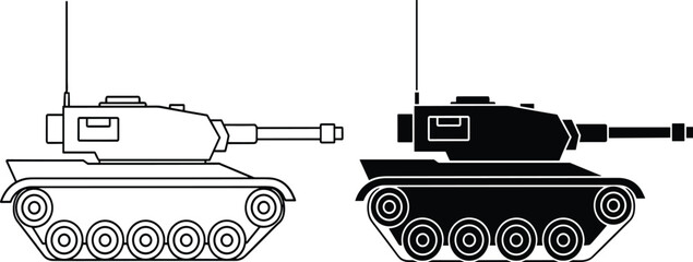 Black and white side‑view tank illustration set featuring long barrel, turret with antenna, six wheels, military vehicle silhouette design for combat, war, and educational concepts © Rina