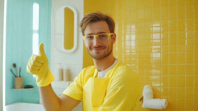 Smiling cleaning professional in yellow gloves and apron cheerfully cleaning a modern bathroom with tile walls.