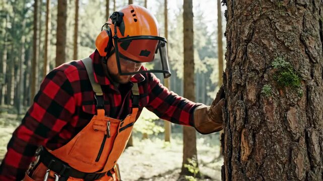 Professional lumberjack inspecting a pine tree in the forest. Forestry worker in safety gear preparing for timber harvesting. Manual labor concept