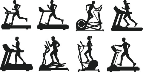 Black silhouettes of people exercising on treadmills and elliptical cross trainer machines isolated on white background for fitness gym design