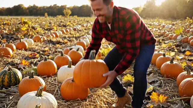 Man picking up a large orange pumpkin in a field. Farmer harvesting pumpkins in a patch during autumn sunset. Seasonal agriculture concept