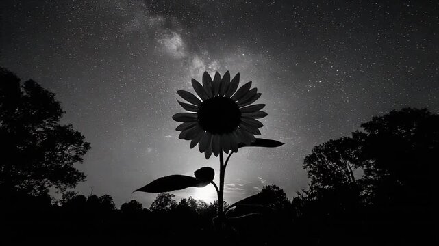 A monochrome image of a silhouetted sunflower against a starlit night sky with trees surrounding