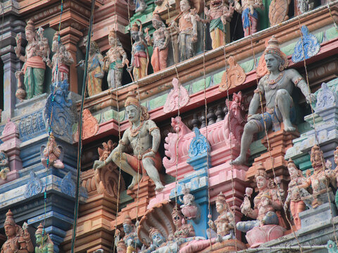 Detailed sculptures of the Arulmigu Sri Parthasarathyswamy Temple, Chennai, India.