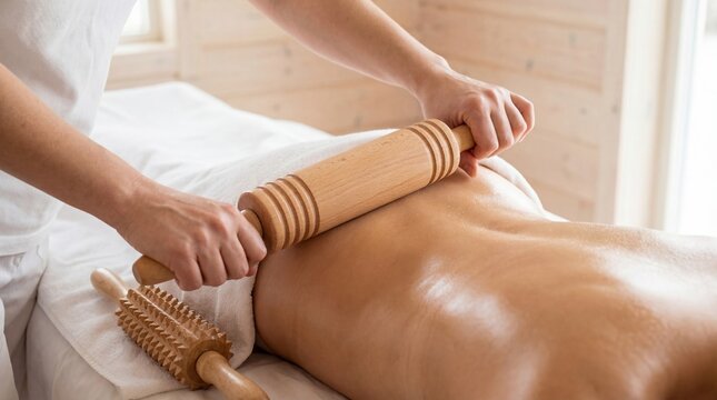 Woman receiving maderotherapy massage with a wooden roller on her back. Body sculpting treatment for beauty and wellness. Spa therapy.