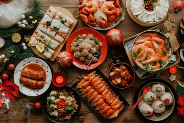 Chinese new year festive dinner with traditional dishes