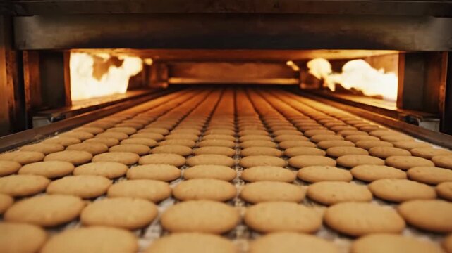 Industrial tunnel oven baking cookies on conveyor belt. Factory production line of sweet biscuits