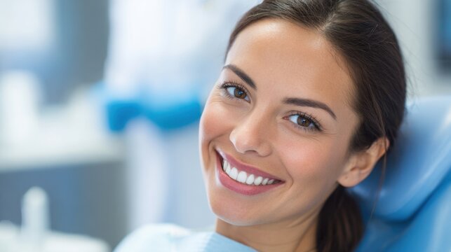 Smiling caucasian female adult at dentist's office showing healthy teeth.