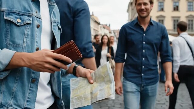 Pickpocket stealing a wallet from a man's back pocket in a crowded city square. Street crime and theft concept. Close up of hand taking leather wallet from jeans