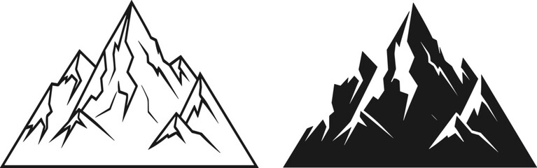 Stylized black and white mountain range illustration showing jagged peaks, bold silhouette, detailed line art, contrasting graphic design for outdoor adventure and nature themes