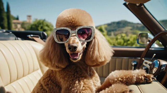 Poodle wearing rhinestone sunglasses in a vintage convertible. Dog enjoying a road trip in a classic car. Funny pet travel concept