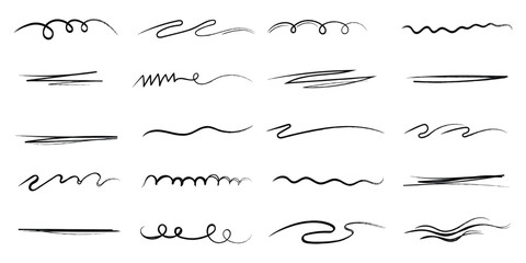 Crayon pencil straight horizontal lines. Charcoal black scribble strokes. Hand drawn grunge smears, squiggles, smears. Vector set of  hand drawn crayon underline marks and strokes with rough texture.