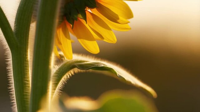 Macro tracking shot along a sunflower stem to its bloom on a golden hour bokeh background, vibrant summer concept for lifestyle content and opening sequences