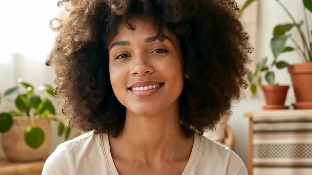 A confident african american woman making eye contact, then smiling with a slight tilt of her head, and finally giving a full happy smile for a happy concept.