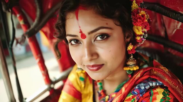 Woman in colorful attire sitting in a rickshaw on a busy street during daylight hours in an urban area