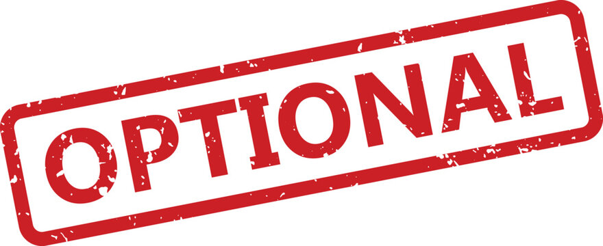 Textured red rubber stamp featuring the word OPTIONAL positioned diagonally on a clear white backdrop