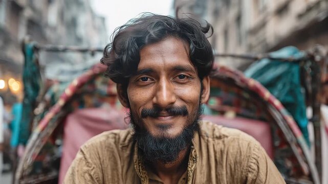 Man sitting in a rickshaw looking at the camera on a busy street in the evening