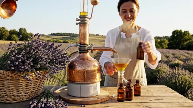 Woman distilling lavender essential oil in a purple field. Traditional copper extraction process for organic perfume. Aromatherapy and herbal craft concept