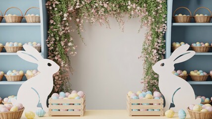 Easter bunny cutouts with pastel eggs and baskets, floral backdrop for mockup or overlay effect, Easter or spring decoration