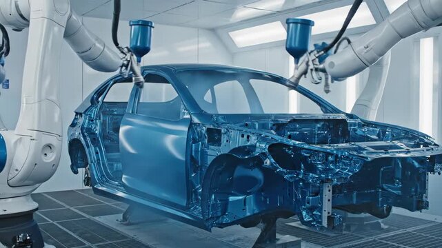 Robotic arms painting a blue car chassis in a factory. Automated automotive manufacturing process. Industrial technology and production concept