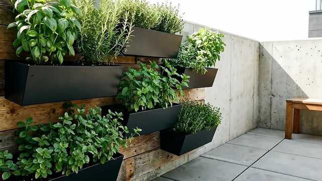 Vertical herb garden with lush green plants on a rustic wooden wall and a concrete patio with a wooden bench
