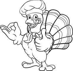 A turkey chef hat Thanksgiving cartoon bird Christmas mascot giving a thumbs up