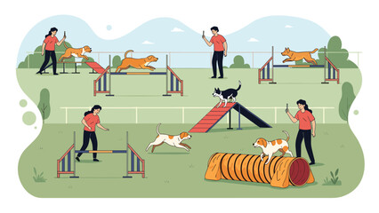 Enthusiastic dogs and their trainers participating in an outdoor agility competition with hurdles, tunnels, and ramps.